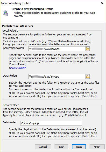 Specify the location of the webroot and data folder on the server.